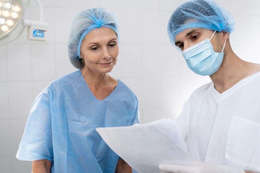 Medical professional discussing patient information with a colleague.